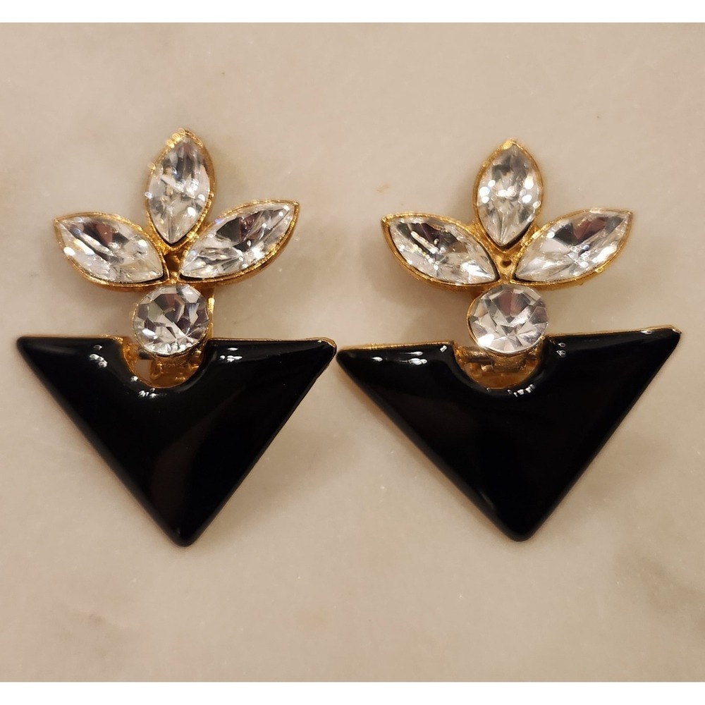 Vintage Clip On Earrings Black Enamel Gold Tone Triangle Rhinestone Art Deco